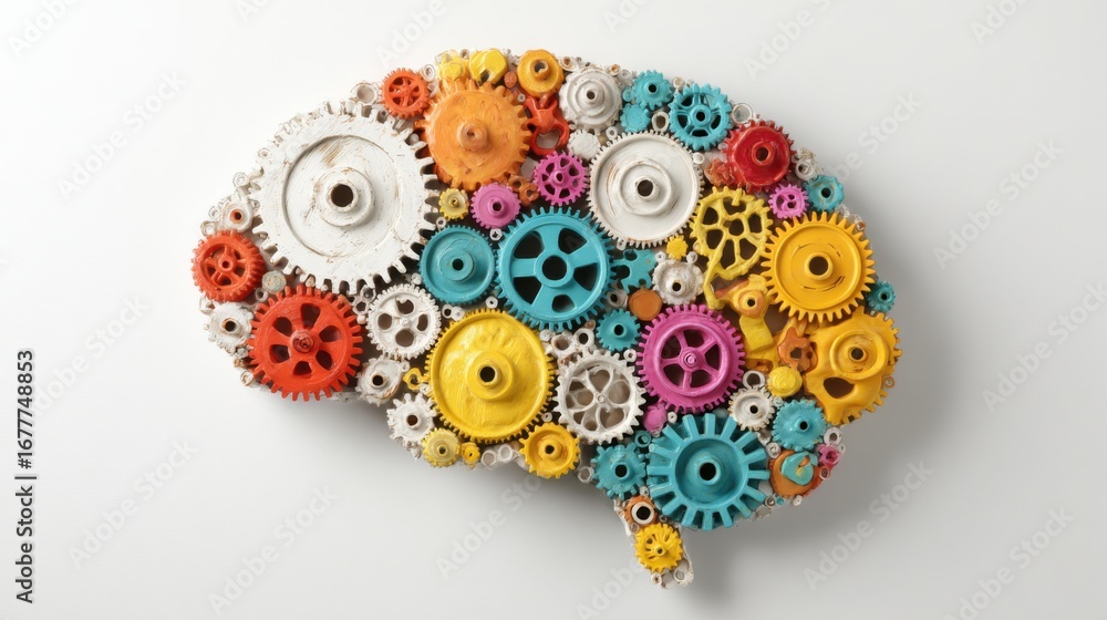 Poster a vibrant display showcasing a brain shaped from an assortment of colorful gears and cogs. the artwo