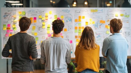 Creative teamwork in a contemporary office as four individuals observe a large whiteboard filled with colorful sticky notes and sketches. Ideas are being generated during a brainstorming session.