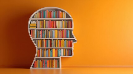 An innovative bookshelf designed in the shape of a human head holds a variety of brightly colored books. The striking orange background enhances the creative design, making it a focal point.
