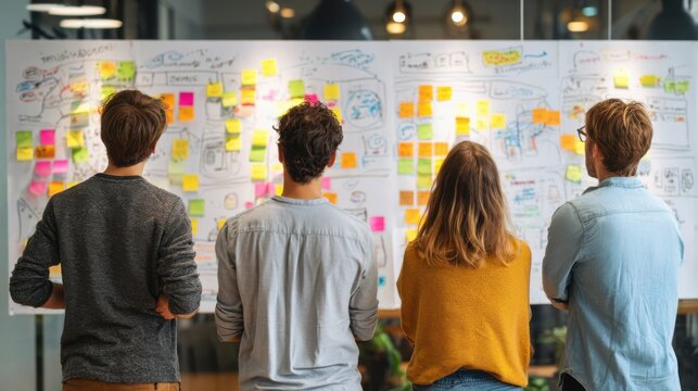 Creative teamwork in a contemporary office as four individuals observe a large whiteboard filled with colorful sticky notes and sketches. Ideas are being generated during a brainstorming session.