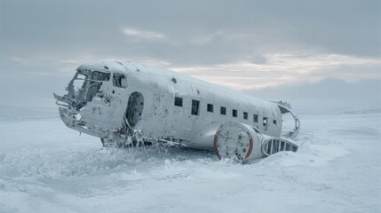 An aircraft wreck covered in snow sits on a barren landscape. The chilly environment and gray sky create a stark, desolate atmosphere at the remote location.