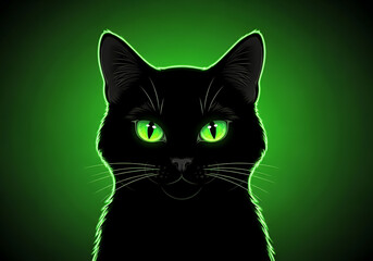 Illustration of a black cat with glowing green eyes against a green background in a cartoon style