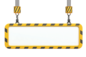 Modern construction sign with caution stripes hanging from crane hooks ready for text