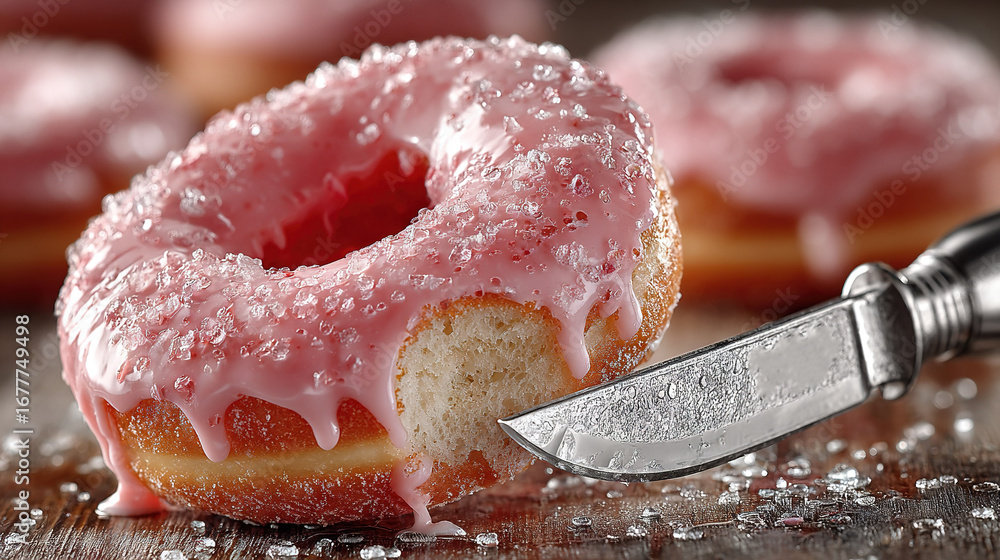 Poster close-up photo of a doughnut with glaze and knife on a table surrounded by additional doughnuts