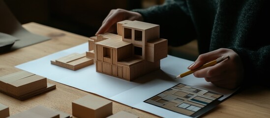 Architect examines wooden building model on a desk with sketches and a pencil