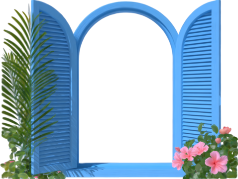 Bright blue arched window with lush greenery and pink flowers invitingly open