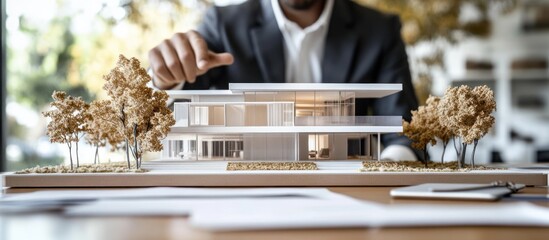 A businessman in a suit gestures towards a modern architectural model of a two-story house with surrounding trees, displayed on a desk amongst blueprints