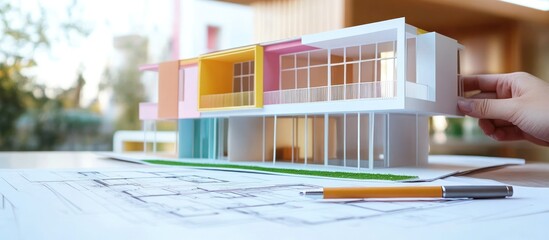 A hand gently holds a colorful architectural model of a modern house, sitting on blueprints and a pen. The model features pastel hues and large windows,