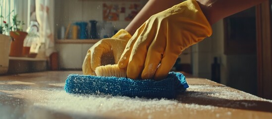 Hands in gloves cleaning counter with brush and cloth, specks of dust floating