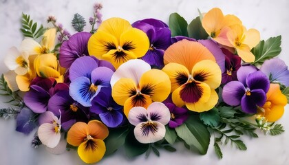vibrant floral arrangement with pansies and lush foliage