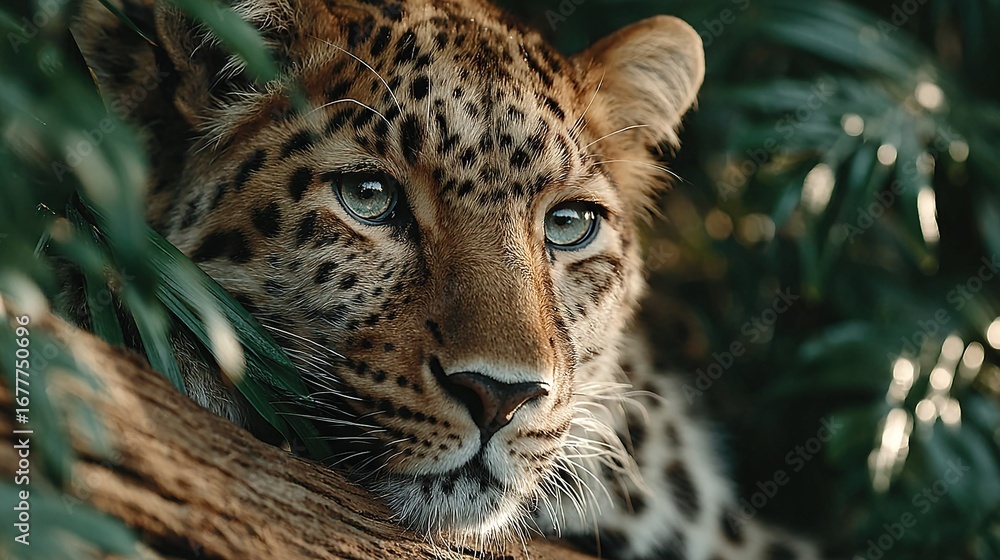 Poster a close-up of a leopard's face peeks out from behind a green leaf on a tree branch