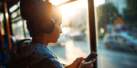 Person in beanie listening to music with headphones on bus, holding smartphone. Everyday technology