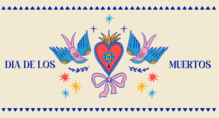 Dia de los muertos, Day of the dead, Mexican holiday, festival. Hand drawn vector poster, banner and card in modern doodle, art style, with skulls, birds, guitar and flowers