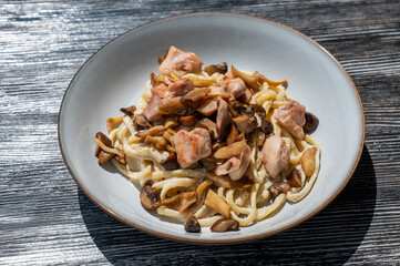 Plate of chicken and mushroom pasta. 