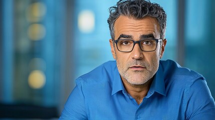 Obraz premium Middle-aged Caucasian man in glasses, looking thoughtfully at the camera with a deep blue background.