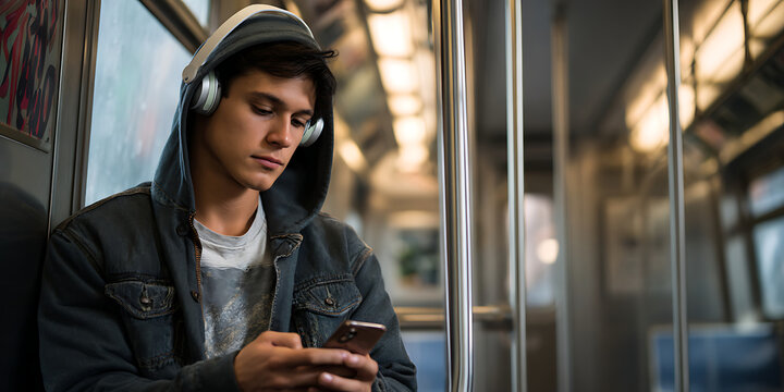 Person in hoodie listening to music with headphones on subway. Urban commuter with smartphone sitting inside metro car under artificial lights - Powered by Adobe