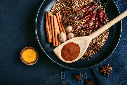 Mixed organic spices on ceramic plate
