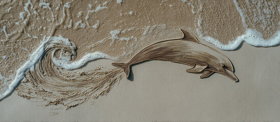 Dolphin Leaping Over Wave One-Line Drawing Written on Sand