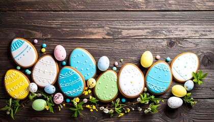 Colorful frosted gingerbread cookies in the shape of eggs, arranged on a rustic wooden surface, with sprigs of spring blossoms and colorful candies.