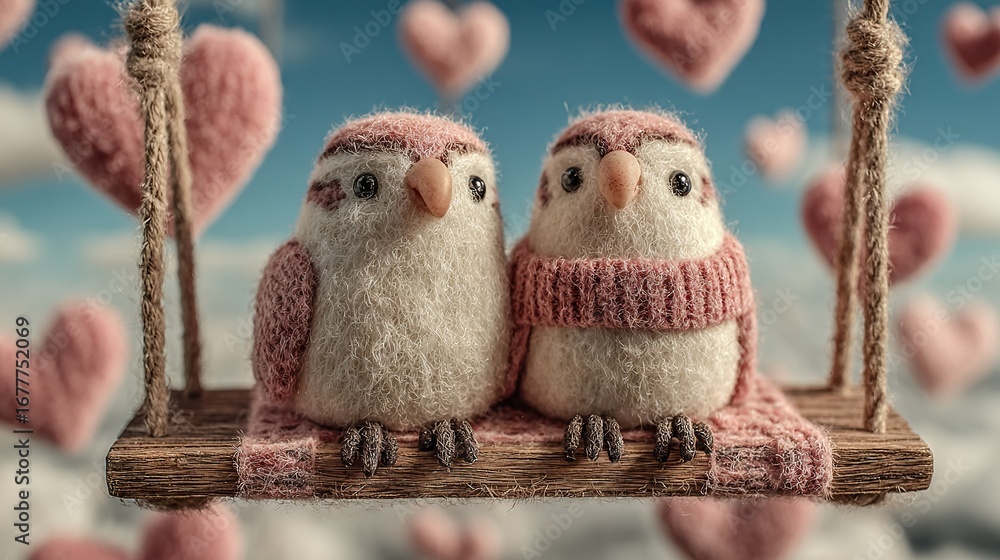 Poster two knitted owls sit on a swing in front of a heart-shaped sky with clouds in the background