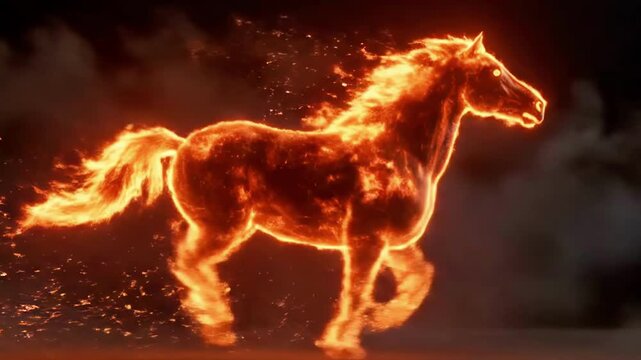 Fiery horse galloping through smoke: dynamic energy and motion animated sequence, New Year 2026