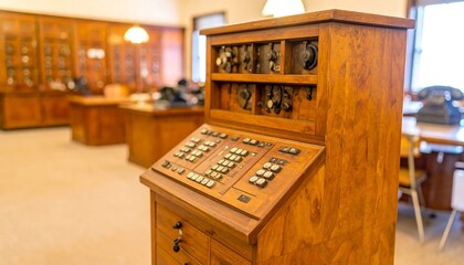 Antique wooden telephone switchboard in a room