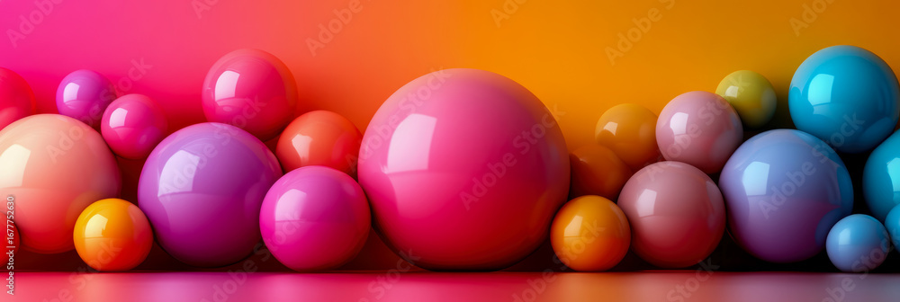 Poster Vibrant and playful abstract composition featuring diverse array of glossy, multicolored spheres arranged against smoothly transitioning gradient background.