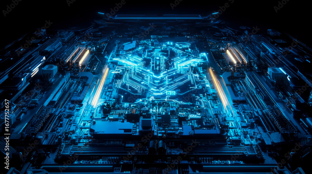 Poster futuristic digital motherboard illuminated by glowing blue circuits and intricate network pathways, 