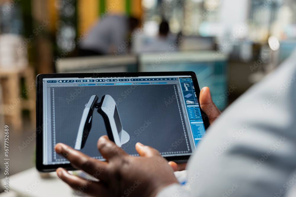 Poster close up of product designer in office using digital tablet to creating compact solar gadget. engine