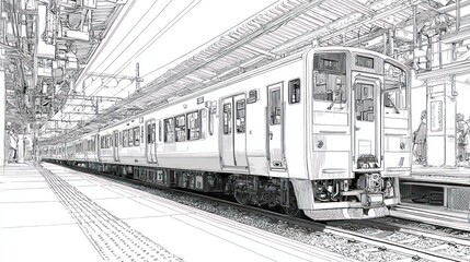 Naklejka premium Linear drawing of a commuter train at a station, with overhead structures in view