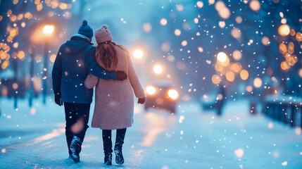 Loving couple strolling arm-in-arm down snow-covered street, illuminated by warm, magical glow of bokeh lights and falling snowflakes on tranquil winter night
