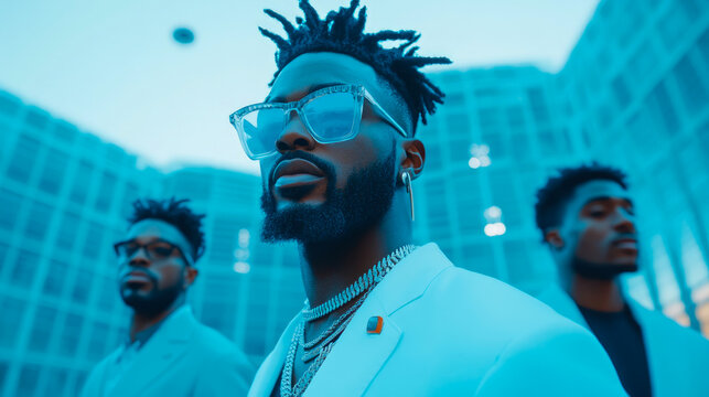 Confident trio of stylish Black men in tailored white suits, reflective sunglasses, and trendy dreadlocks, exuding urban cool against cool blue-toned modern city backdrop.