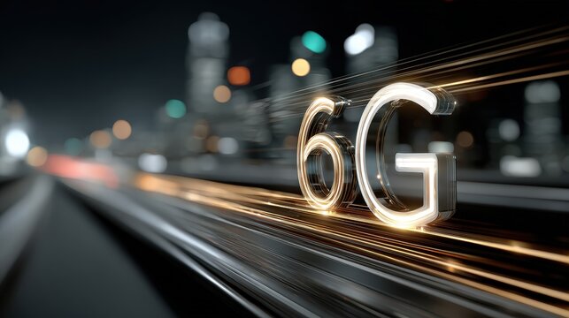 Futuristic 6G Technology Concept with Glowing Sign in Urban Night Imagery