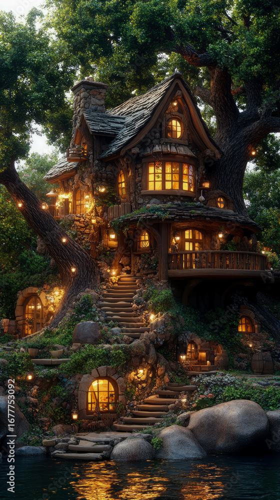 Poster whimsical fantasy treehouse with glowing windows and enchanting lanterns nestled within colossal tre