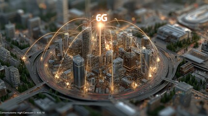 Futuristic Cityscape with 6G Connectivity and Urban Background at Night