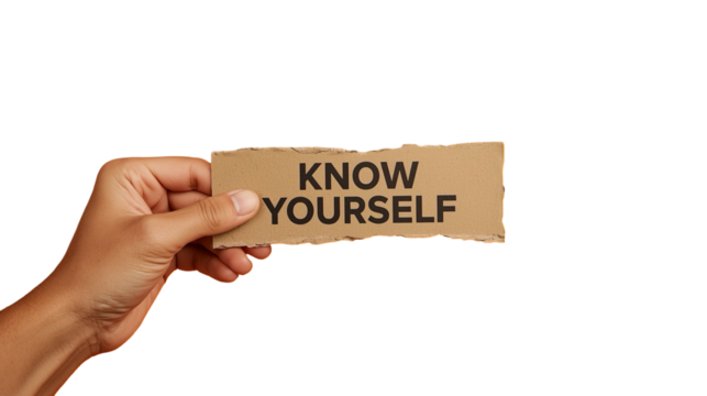 Hand Holds a Ripped Cardboard Sign with the Phrase Know Yourself