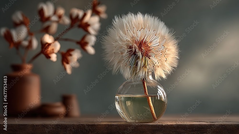 Aufkleber a vase with a dandelion in it sits on a table next to one with a flower