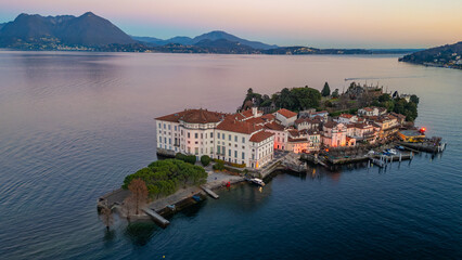 Obraz premium Sunset panorama view of Isola Bella at Lago Maggiore, Italy