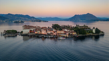 Sunset panorama view of Isola Bella at Lago Maggiore, Italy