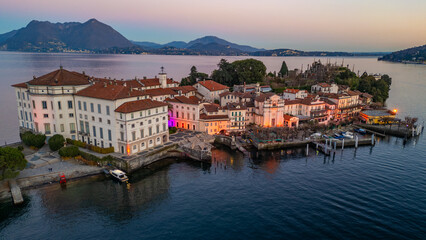 Obraz premium Sunset panorama view of Isola Bella at Lago Maggiore, Italy