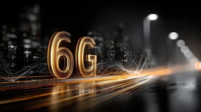 Futuristic Cityscape with Glowing 6G Technology Sign and Blurred Light Trails - Powered by Adobe