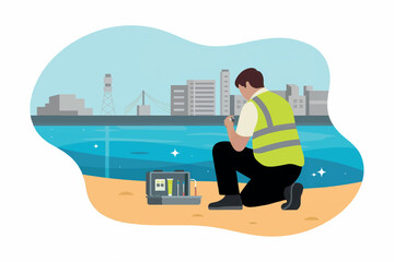 A scientist in a high-visibility vest kneels on a sandy shore, meticulously operating water testing equipment. The urban cityscape and serene water body in the background highlight the importance of e