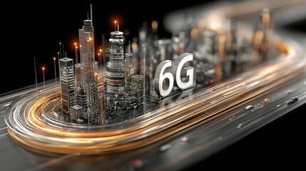 Futuristic Cityscape with Glowing Lights and 6G Technology Concept Visualization