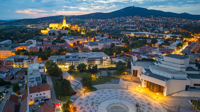 Sunset view of Nitra castle overlooking Svatoplukovo square in N