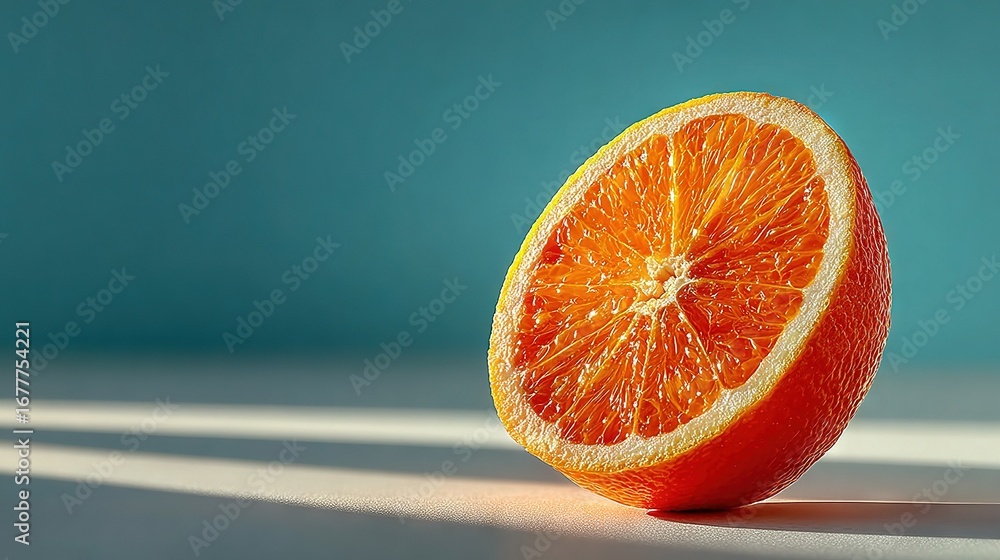 Aufkleber a slice of orange placed on a table with a figure's reflection on the floor