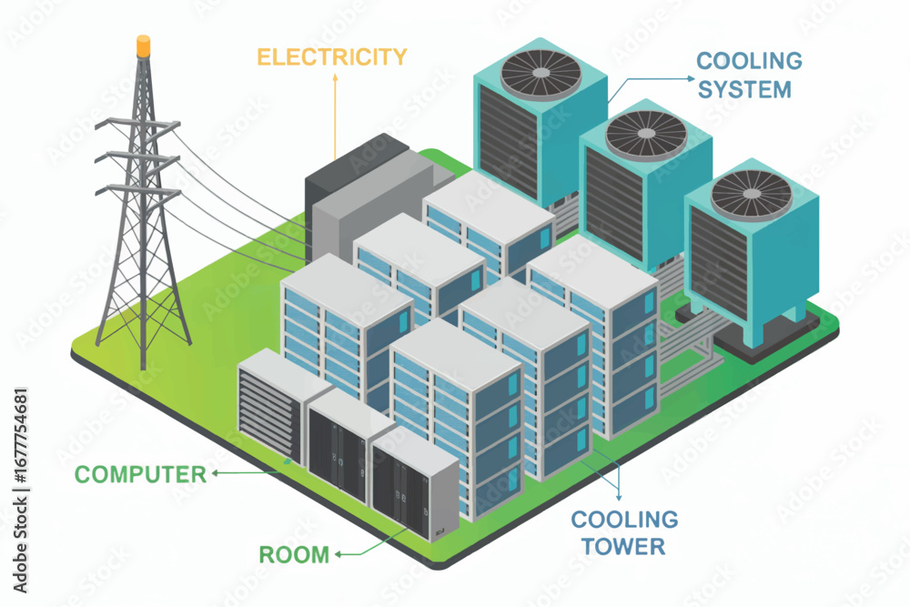 Aufkleber modern data center design with cooling towers and electrical grid connection for sustainable operati