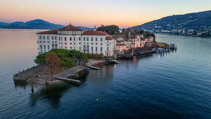 Obraz premium Sunset panorama view of Isola Bella at Lago Maggiore, Italy