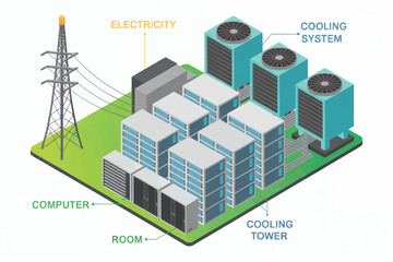Modern data center design with cooling towers and electrical grid connection for sustainable operations transparent background