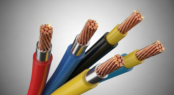Copper electrical cables showing stranded wires transmitting electricity