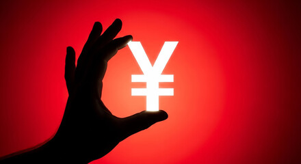 Fototapeta premium Hand holding glowing yen symbol on red background